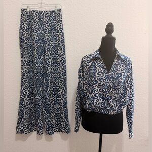 Blue & White Patterned Blouse and Wide Leg Pants Set